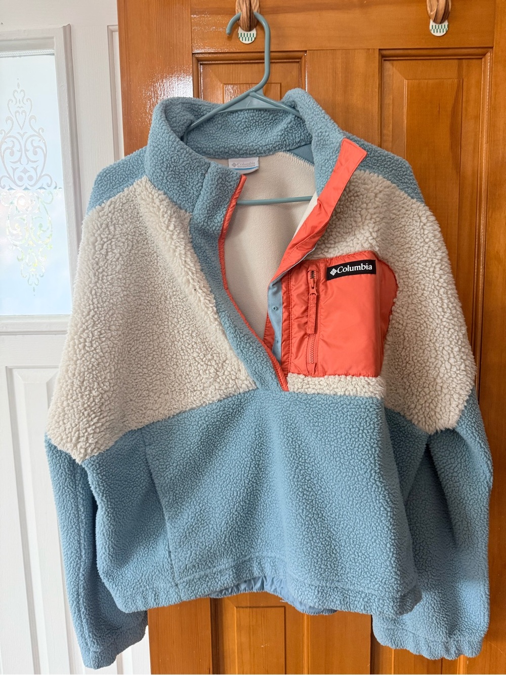 Columbia Women's Blue Cream Teddy Jacket with Coral Pocket